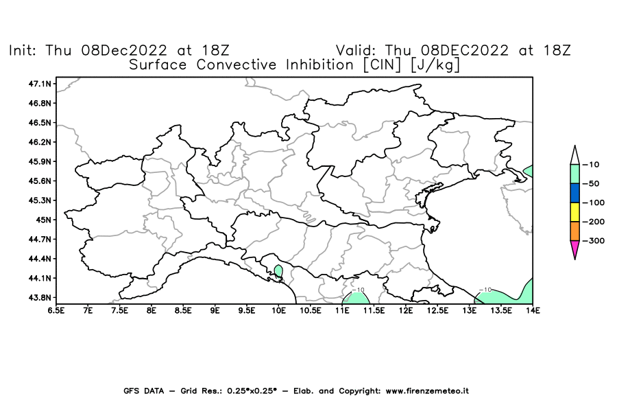Mappa di analisi GFS - CIN [J/kg] in Nord-Italia
							del 08/12/2022 18 <!--googleoff: index-->UTC<!--googleon: index-->
