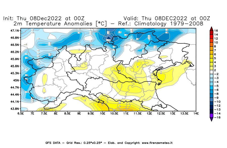 Mappa di analisi GFS - Anomalia Temperatura [°C] a 2 m in Nord-Italia
							del 08/12/2022 00 <!--googleoff: index-->UTC<!--googleon: index-->