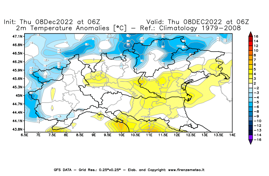 Mappa di analisi GFS - Anomalia Temperatura [°C] a 2 m in Nord-Italia
							del 08/12/2022 06 <!--googleoff: index-->UTC<!--googleon: index-->