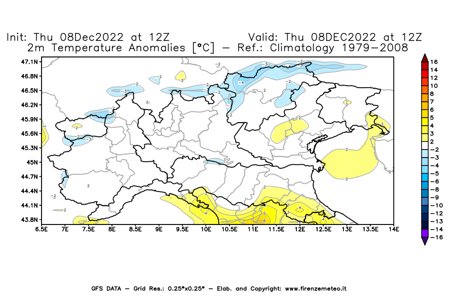 Mappa di analisi GFS - Anomalia Temperatura [°C] a 2 m in Nord-Italia
							del 08/12/2022 12 <!--googleoff: index-->UTC<!--googleon: index-->