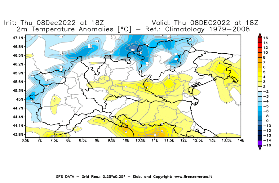 Mappa di analisi GFS - Anomalia Temperatura [°C] a 2 m in Nord-Italia
							del 08/12/2022 18 <!--googleoff: index-->UTC<!--googleon: index-->