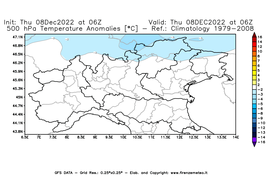 Mappa di analisi GFS - Anomalia Temperatura [°C] a 500 hPa in Nord-Italia
							del 08/12/2022 06 <!--googleoff: index-->UTC<!--googleon: index-->