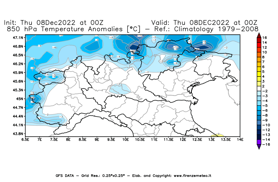 Mappa di analisi GFS - Anomalia Temperatura [°C] a 850 hPa in Nord-Italia
							del 08/12/2022 00 <!--googleoff: index-->UTC<!--googleon: index-->