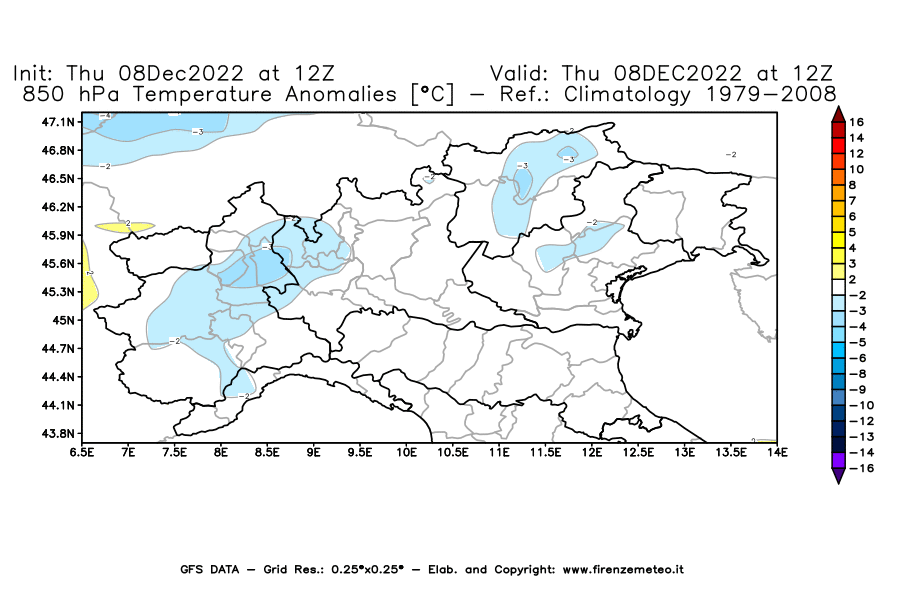 Mappa di analisi GFS - Anomalia Temperatura [°C] a 850 hPa in Nord-Italia
							del 08/12/2022 12 <!--googleoff: index-->UTC<!--googleon: index-->