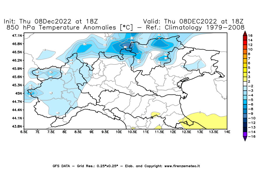 Mappa di analisi GFS - Anomalia Temperatura [°C] a 850 hPa in Nord-Italia
							del 08/12/2022 18 <!--googleoff: index-->UTC<!--googleon: index-->