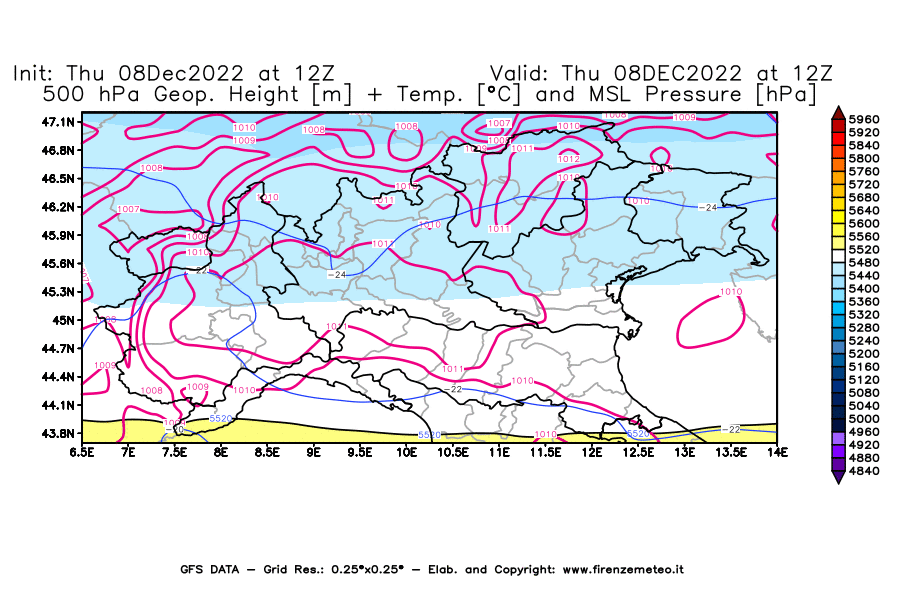 Mappa di analisi GFS - Geopotenziale [m] + Temp. [°C] a 500 hPa + Press. a livello del mare [hPa] in Nord-Italia
							del 08/12/2022 12 <!--googleoff: index-->UTC<!--googleon: index-->