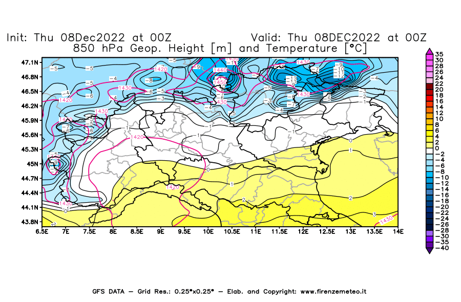 Mappa di analisi GFS - Geopotenziale [m] e Temperatura [°C] a 850 hPa in Nord-Italia
							del 08/12/2022 00 <!--googleoff: index-->UTC<!--googleon: index-->