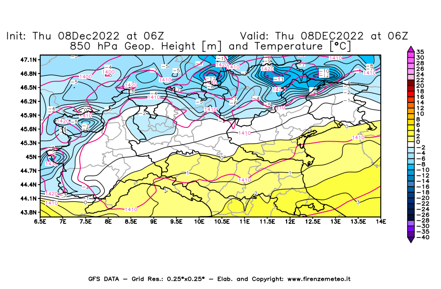 Mappa di analisi GFS - Geopotenziale [m] e Temperatura [°C] a 850 hPa in Nord-Italia
							del 08/12/2022 06 <!--googleoff: index-->UTC<!--googleon: index-->