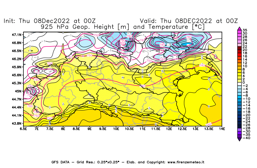Mappa di analisi GFS - Geopotenziale [m] e Temperatura [°C] a 925 hPa in Nord-Italia
							del 08/12/2022 00 <!--googleoff: index-->UTC<!--googleon: index-->