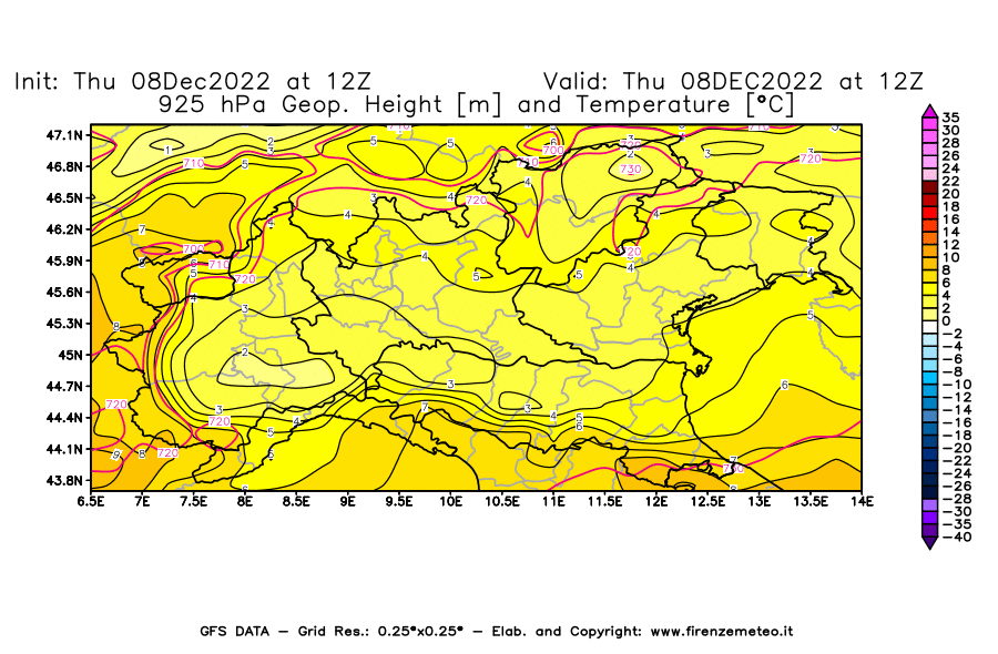 Mappa di analisi GFS - Geopotenziale [m] e Temperatura [°C] a 925 hPa in Nord-Italia
							del 08/12/2022 12 <!--googleoff: index-->UTC<!--googleon: index-->