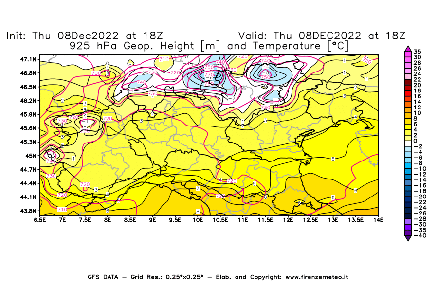 Mappa di analisi GFS - Geopotenziale [m] e Temperatura [°C] a 925 hPa in Nord-Italia
							del 08/12/2022 18 <!--googleoff: index-->UTC<!--googleon: index-->