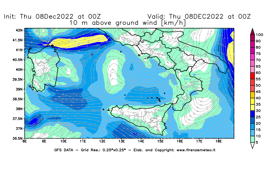 Mappa di analisi GFS - Velocità del vento a 10 metri dal suolo [km/h] in Sud-Italia
							del 08/12/2022 00 <!--googleoff: index-->UTC<!--googleon: index-->