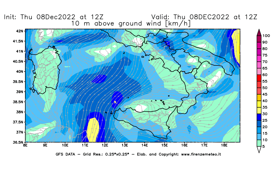 Mappa di analisi GFS - Velocità del vento a 10 metri dal suolo [km/h] in Sud-Italia
							del 08/12/2022 12 <!--googleoff: index-->UTC<!--googleon: index-->