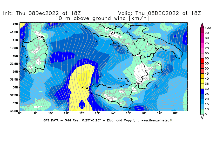 Mappa di analisi GFS - Velocità del vento a 10 metri dal suolo [km/h] in Sud-Italia
							del 08/12/2022 18 <!--googleoff: index-->UTC<!--googleon: index-->