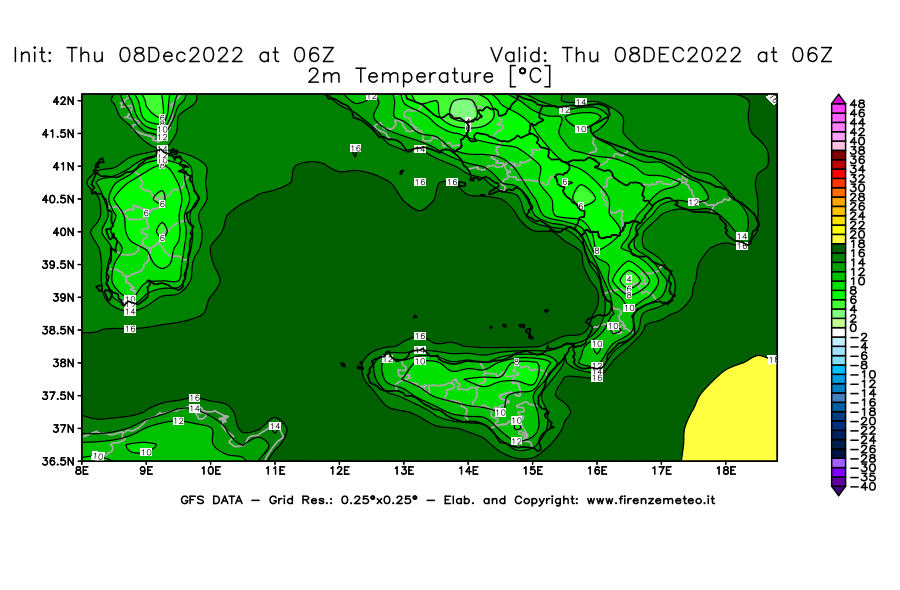 Mappa di analisi GFS - Temperatura a 2 metri dal suolo [°C] in Sud-Italia
							del 08/12/2022 06 <!--googleoff: index-->UTC<!--googleon: index-->
