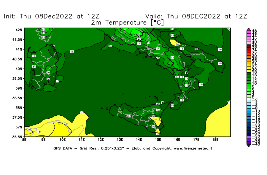 Mappa di analisi GFS - Temperatura a 2 metri dal suolo [°C] in Sud-Italia
							del 08/12/2022 12 <!--googleoff: index-->UTC<!--googleon: index-->