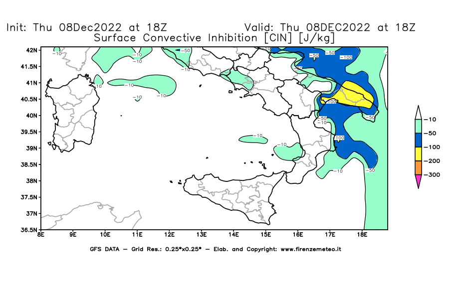 Mappa di analisi GFS - CIN [J/kg] in Sud-Italia
							del 08/12/2022 18 <!--googleoff: index-->UTC<!--googleon: index-->