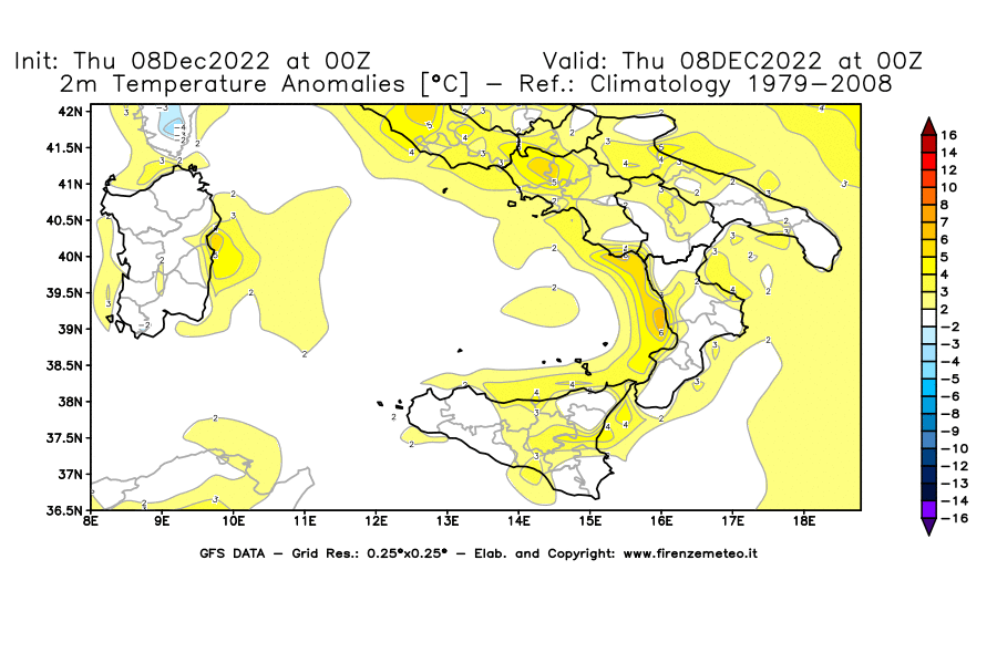 Mappa di analisi GFS - Anomalia Temperatura [°C] a 2 m in Sud-Italia
							del 08/12/2022 00 <!--googleoff: index-->UTC<!--googleon: index-->