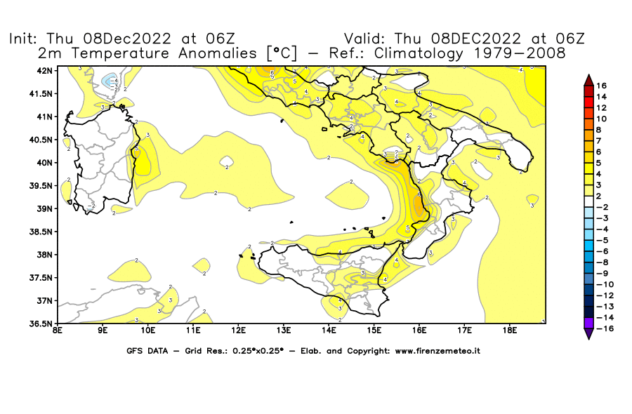 Mappa di analisi GFS - Anomalia Temperatura [°C] a 2 m in Sud-Italia
							del 08/12/2022 06 <!--googleoff: index-->UTC<!--googleon: index-->