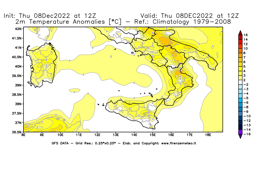 Mappa di analisi GFS - Anomalia Temperatura [°C] a 2 m in Sud-Italia
							del 08/12/2022 12 <!--googleoff: index-->UTC<!--googleon: index-->