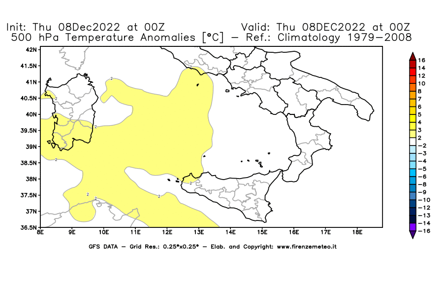 Mappa di analisi GFS - Anomalia Temperatura [°C] a 500 hPa in Sud-Italia
							del 08/12/2022 00 <!--googleoff: index-->UTC<!--googleon: index-->