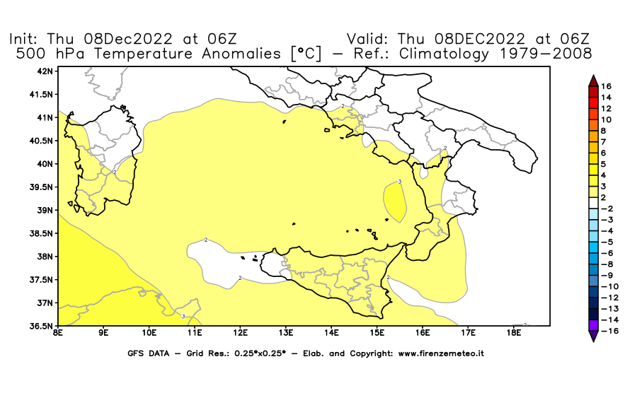 Mappa di analisi GFS - Anomalia Temperatura [°C] a 500 hPa in Sud-Italia
							del 08/12/2022 06 <!--googleoff: index-->UTC<!--googleon: index-->