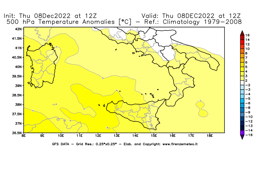 Mappa di analisi GFS - Anomalia Temperatura [°C] a 500 hPa in Sud-Italia
							del 08/12/2022 12 <!--googleoff: index-->UTC<!--googleon: index-->
