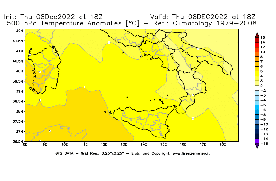 Mappa di analisi GFS - Anomalia Temperatura [°C] a 500 hPa in Sud-Italia
							del 08/12/2022 18 <!--googleoff: index-->UTC<!--googleon: index-->