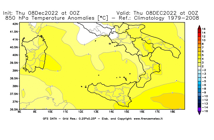 Mappa di analisi GFS - Anomalia Temperatura [°C] a 850 hPa in Sud-Italia
							del 08/12/2022 00 <!--googleoff: index-->UTC<!--googleon: index-->