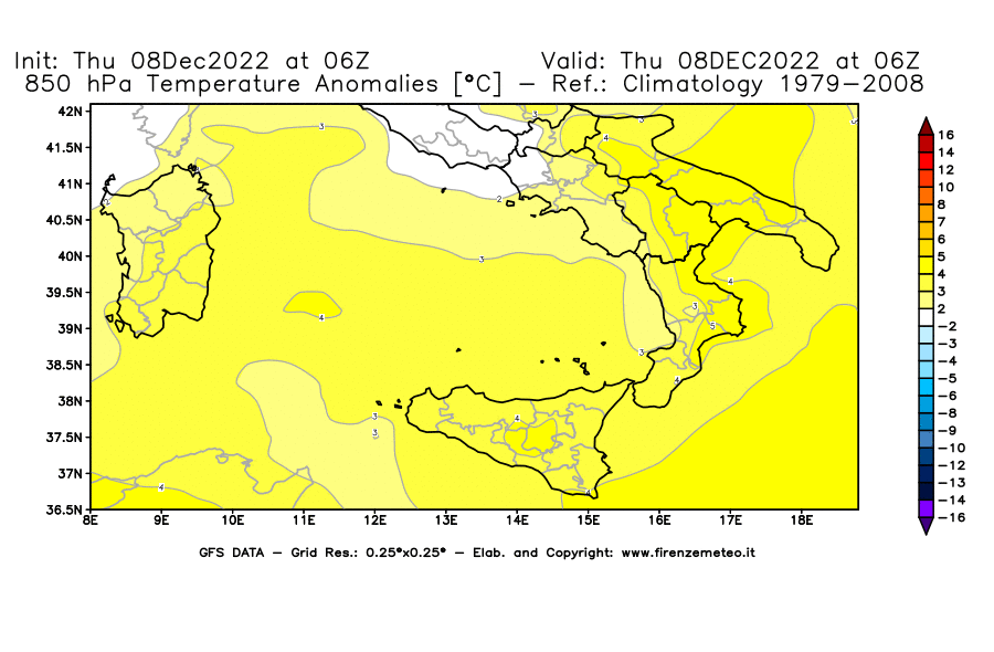 Mappa di analisi GFS - Anomalia Temperatura [°C] a 850 hPa in Sud-Italia
							del 08/12/2022 06 <!--googleoff: index-->UTC<!--googleon: index-->