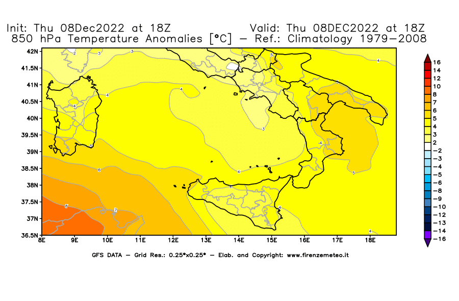 Mappa di analisi GFS - Anomalia Temperatura [°C] a 850 hPa in Sud-Italia
							del 08/12/2022 18 <!--googleoff: index-->UTC<!--googleon: index-->