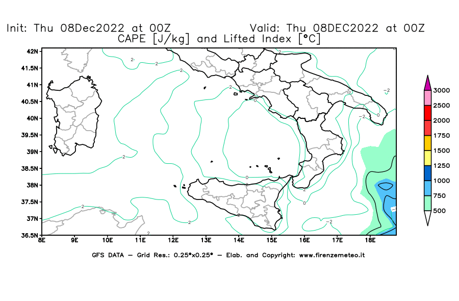 Mappa di analisi GFS - CAPE [J/kg] e Lifted Index [°C] in Sud-Italia
							del 08/12/2022 00 <!--googleoff: index-->UTC<!--googleon: index-->