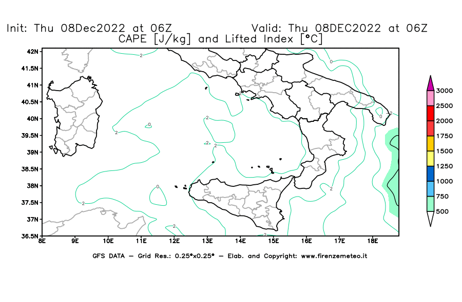 Mappa di analisi GFS - CAPE [J/kg] e Lifted Index [°C] in Sud-Italia
							del 08/12/2022 06 <!--googleoff: index-->UTC<!--googleon: index-->