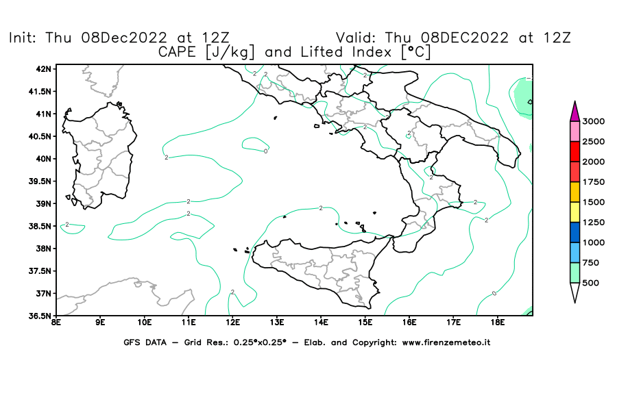 Mappa di analisi GFS - CAPE [J/kg] e Lifted Index [°C] in Sud-Italia
							del 08/12/2022 12 <!--googleoff: index-->UTC<!--googleon: index-->