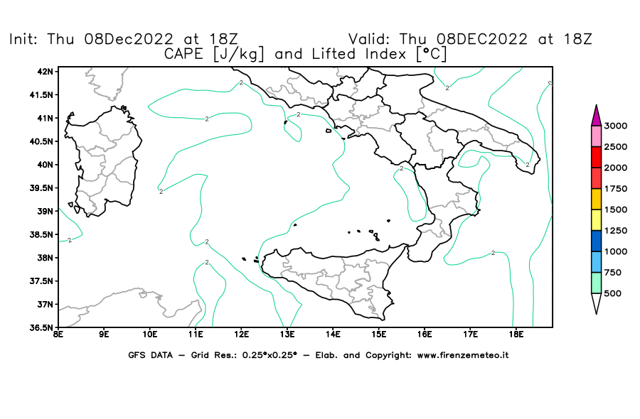 Mappa di analisi GFS - CAPE [J/kg] e Lifted Index [°C] in Sud-Italia
							del 08/12/2022 18 <!--googleoff: index-->UTC<!--googleon: index-->