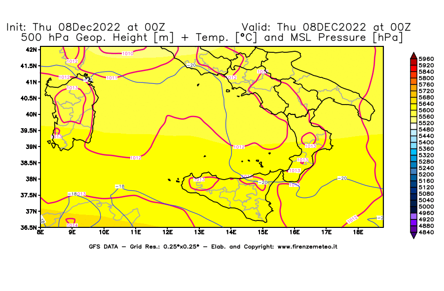 Mappa di analisi GFS - Geopotenziale [m] + Temp. [°C] a 500 hPa + Press. a livello del mare [hPa] in Sud-Italia
							del 08/12/2022 00 <!--googleoff: index-->UTC<!--googleon: index-->