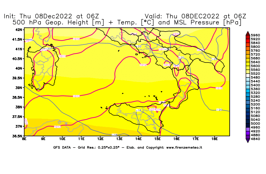 Mappa di analisi GFS - Geopotenziale [m] + Temp. [°C] a 500 hPa + Press. a livello del mare [hPa] in Sud-Italia
							del 08/12/2022 06 <!--googleoff: index-->UTC<!--googleon: index-->