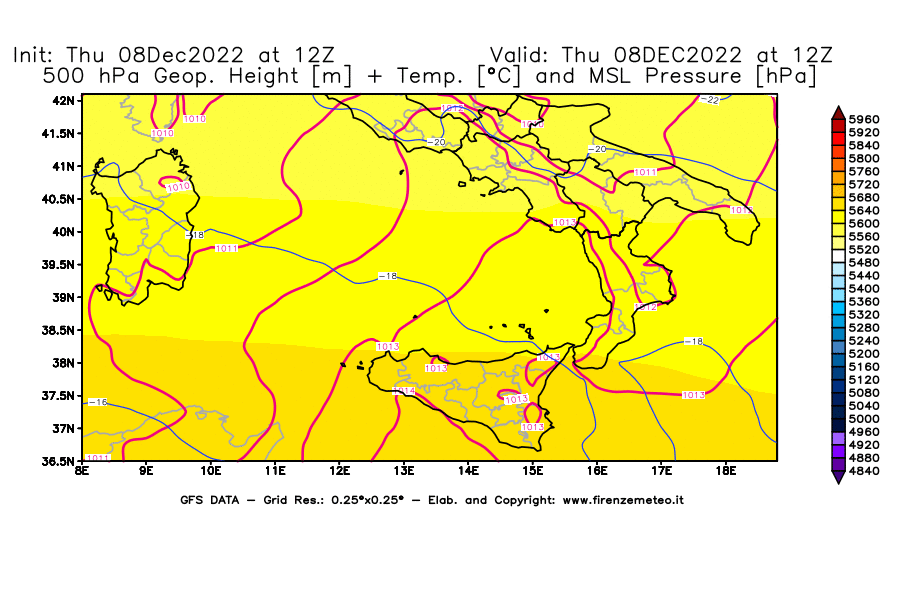 Mappa di analisi GFS - Geopotenziale [m] + Temp. [°C] a 500 hPa + Press. a livello del mare [hPa] in Sud-Italia
							del 08/12/2022 12 <!--googleoff: index-->UTC<!--googleon: index-->