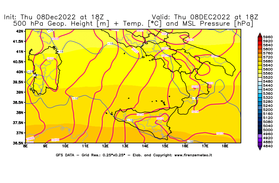 Mappa di analisi GFS - Geopotenziale [m] + Temp. [°C] a 500 hPa + Press. a livello del mare [hPa] in Sud-Italia
							del 08/12/2022 18 <!--googleoff: index-->UTC<!--googleon: index-->