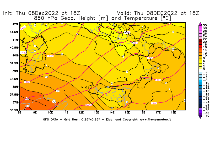 Mappa di analisi GFS - Geopotenziale [m] e Temperatura [°C] a 850 hPa in Sud-Italia
							del 08/12/2022 18 <!--googleoff: index-->UTC<!--googleon: index-->