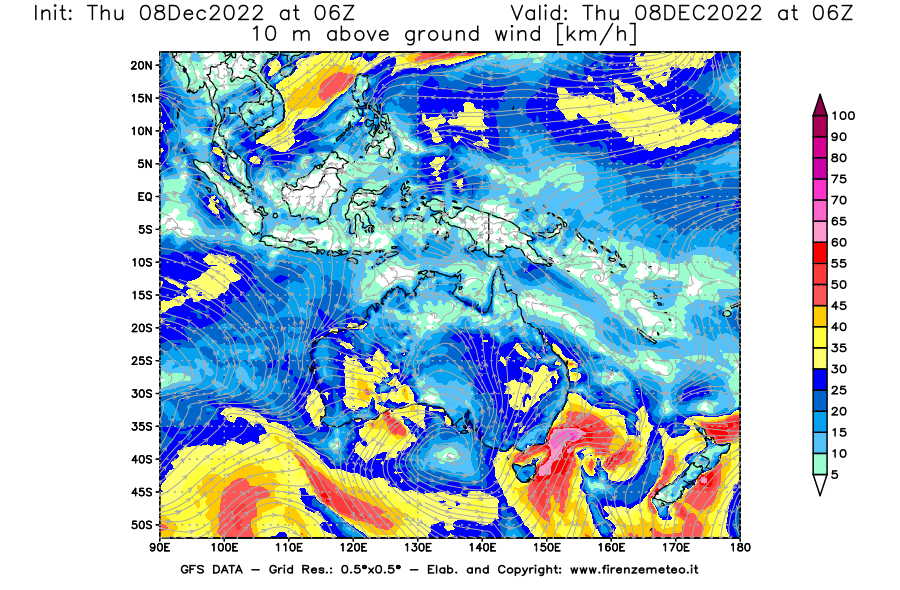 Mappa di analisi GFS - Velocità del vento a 10 metri dal suolo [km/h] in Oceania
							del 08/12/2022 06 <!--googleoff: index-->UTC<!--googleon: index-->