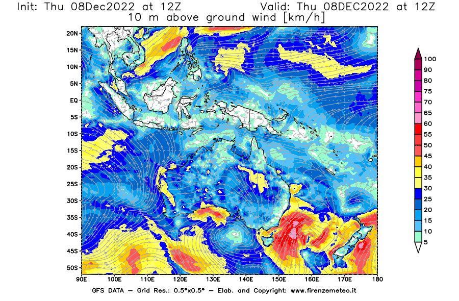 Mappa di analisi GFS - Velocità del vento a 10 metri dal suolo [km/h] in Oceania
							del 08/12/2022 12 <!--googleoff: index-->UTC<!--googleon: index-->