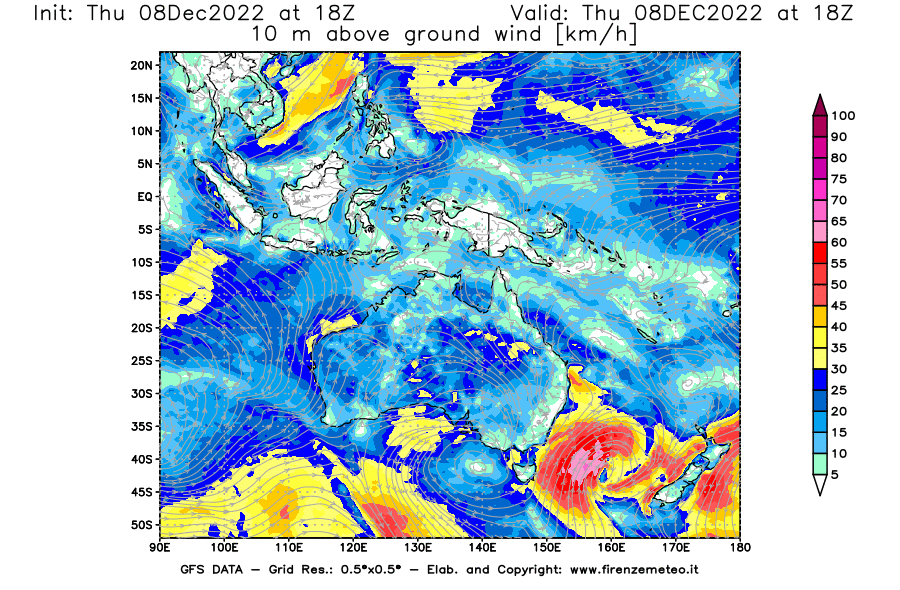 Mappa di analisi GFS - Velocità del vento a 10 metri dal suolo [km/h] in Oceania
							del 08/12/2022 18 <!--googleoff: index-->UTC<!--googleon: index-->