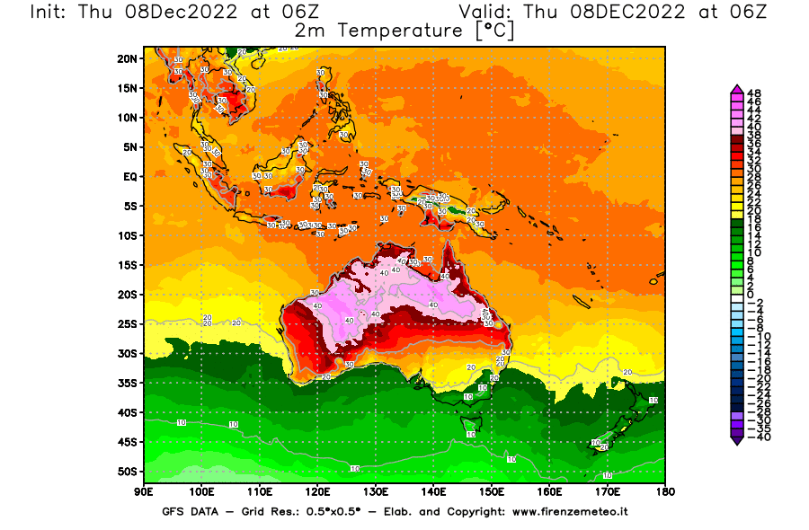 Mappa di analisi GFS - Temperatura a 2 metri dal suolo [°C] in Oceania
							del 08/12/2022 06 <!--googleoff: index-->UTC<!--googleon: index-->