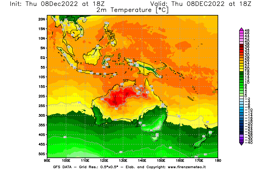 Mappa di analisi GFS - Temperatura a 2 metri dal suolo [°C] in Oceania
							del 08/12/2022 18 <!--googleoff: index-->UTC<!--googleon: index-->