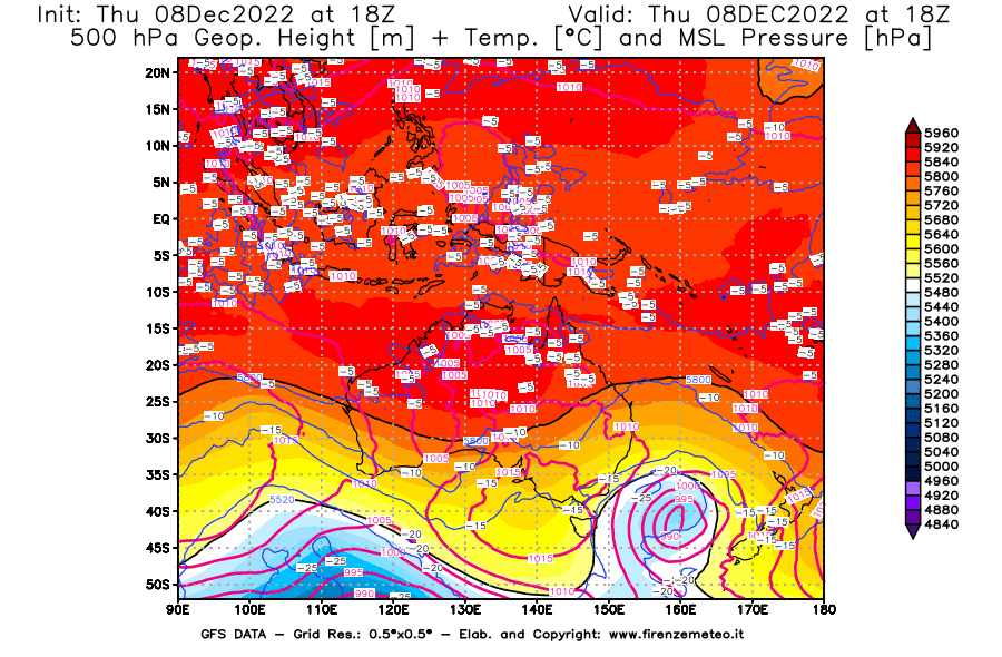 Mappa di analisi GFS - Geopotenziale [m] + Temp. [°C] a 500 hPa + Press. a livello del mare [hPa] in Oceania
							del 08/12/2022 18 <!--googleoff: index-->UTC<!--googleon: index-->