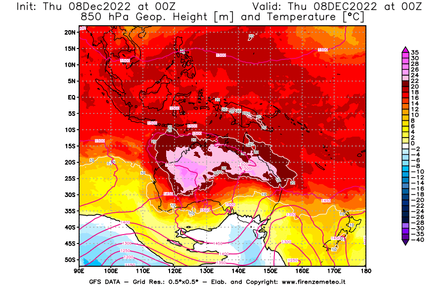 Mappa di analisi GFS - Geopotenziale [m] e Temperatura [°C] a 850 hPa in Oceania
							del 08/12/2022 00 <!--googleoff: index-->UTC<!--googleon: index-->
