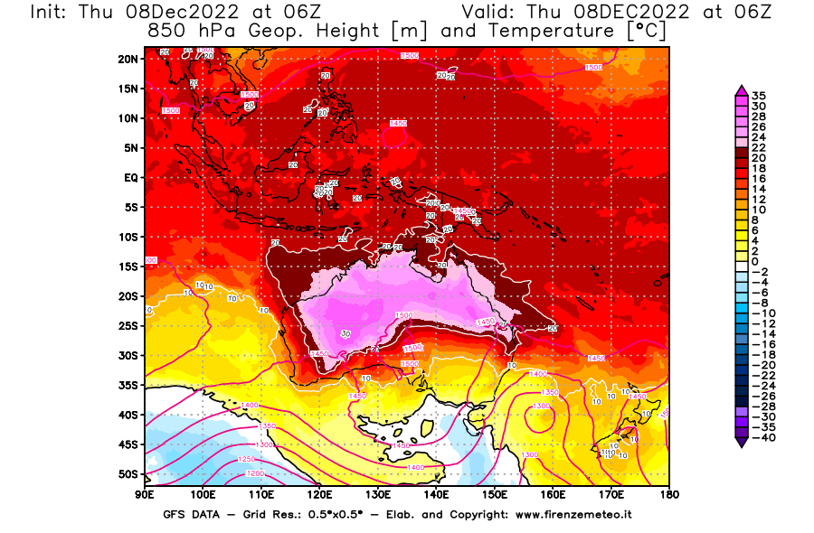 Mappa di analisi GFS - Geopotenziale [m] e Temperatura [°C] a 850 hPa in Oceania
							del 08/12/2022 06 <!--googleoff: index-->UTC<!--googleon: index-->