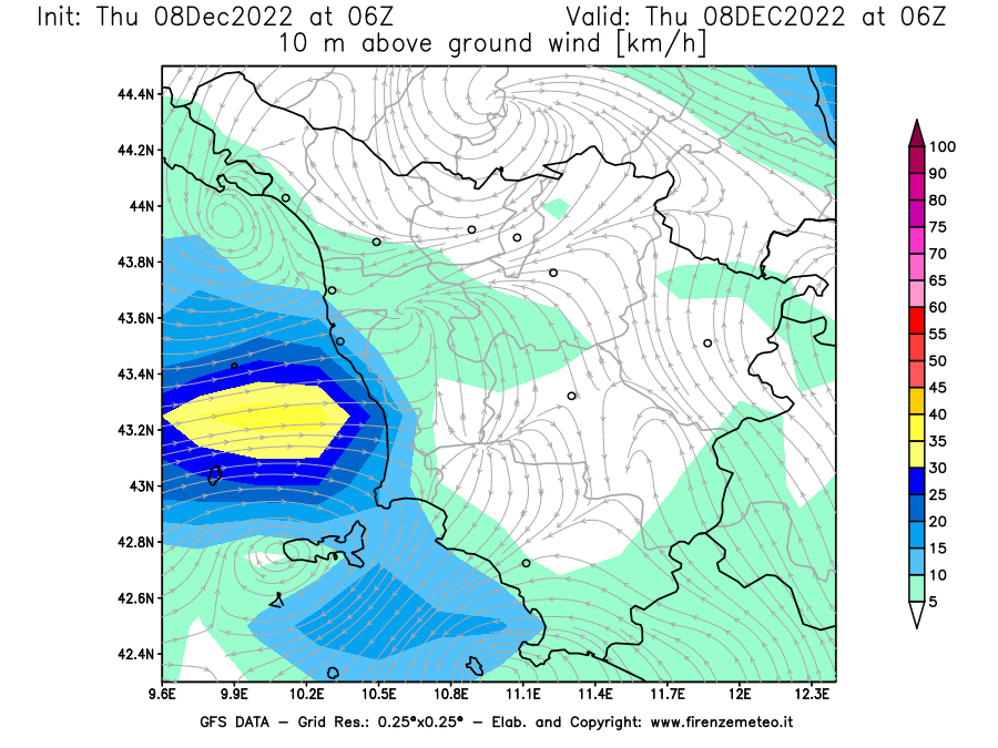 Mappa di analisi GFS - Velocità del vento a 10 metri dal suolo [km/h] in Toscana
							del 08/12/2022 06 <!--googleoff: index-->UTC<!--googleon: index-->