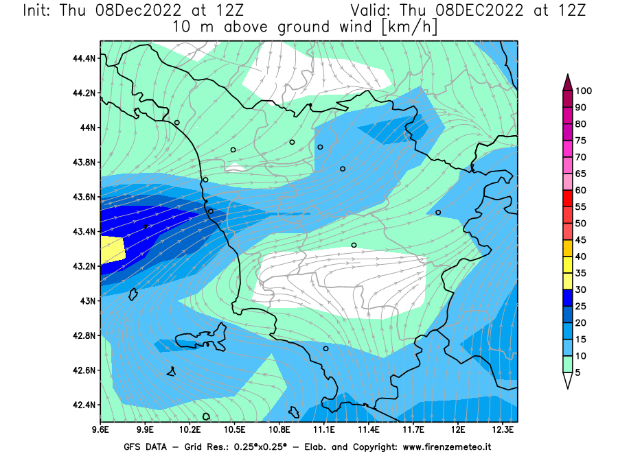 Mappa di analisi GFS - Velocità del vento a 10 metri dal suolo [km/h] in Toscana
							del 08/12/2022 12 <!--googleoff: index-->UTC<!--googleon: index-->